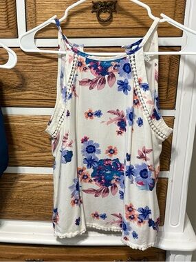 Mudd Floral V-Neck Camisole - White with Blue & Orange Flowers